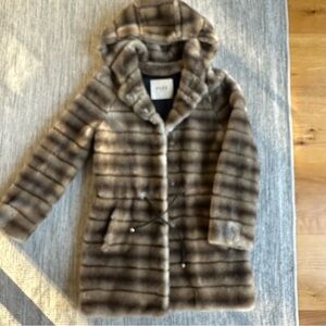 FUZZ NOT FUR  animal print faux fur two-tone hooded coat , lightly worn